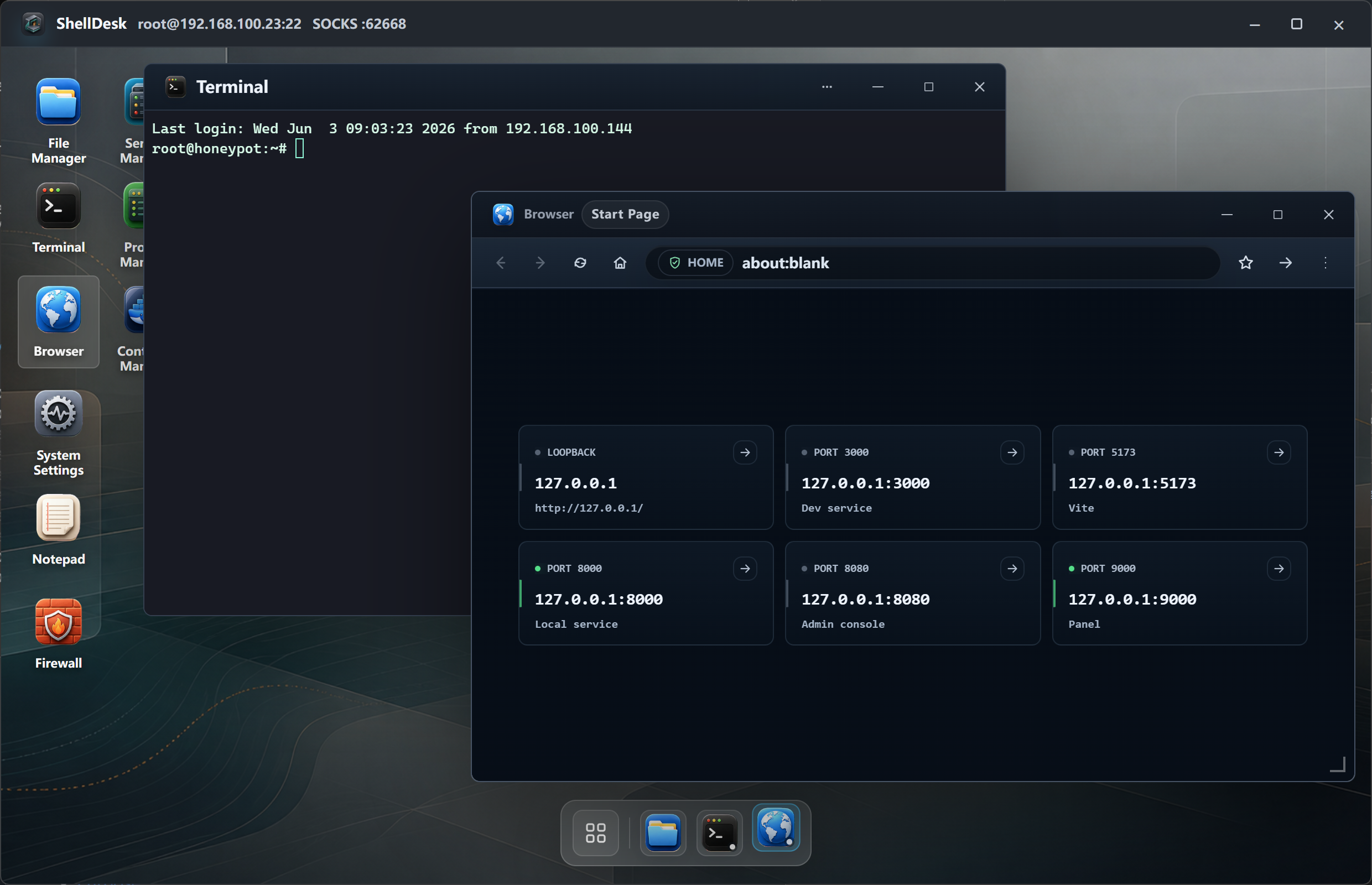 ShellDesk English interface screenshot showing remote desktop, terminal, browser and Dock